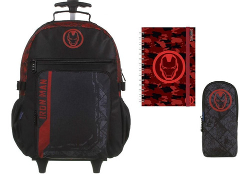 Kit Escolar Iron Man Mochila De Rodas + Estojo + Caderno