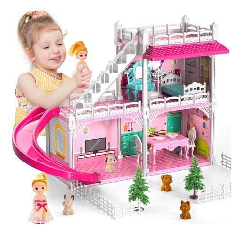Casa De Muñecas, Dream Doll House Muebles Pink Girl Toys, 2 