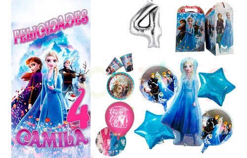 Kit Fiesta Frozen Elsa Anna Vela Globos Platos Decoración