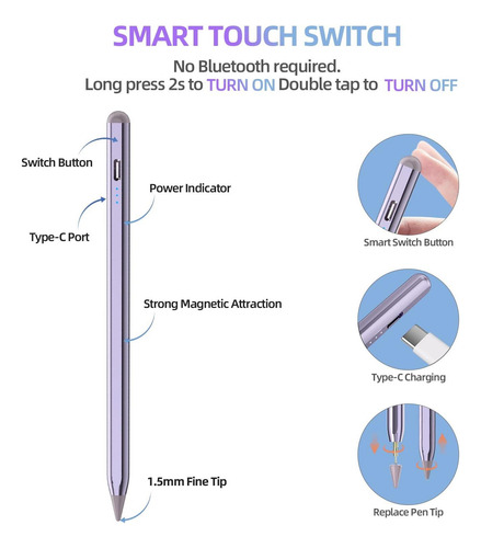 Lápiz Para iPad Air & iPad Pro Pulgada, Púrpura Con Rechazo