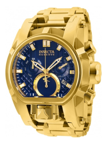 Reloj pulsera Invicta Reserve 25209 de cuerpo color oro, analógico, para hombre, fondo azul, con correa de acero inoxidable color oro, agujas color oro y blanco, dial blanco y oro, subesferas color azul y oro, minutero/segundero blanco, bisel color oro y desplegable