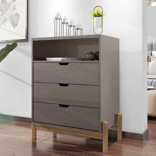 Cômoda Quarto Antares 3 Gavetas Com Pés De Madeira Maciça Cor Cinza Perola