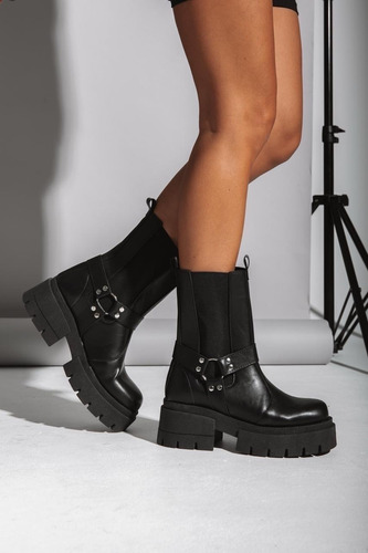 Botas Chunky Boots Borcegos Caña Media Negros Con Plataforma