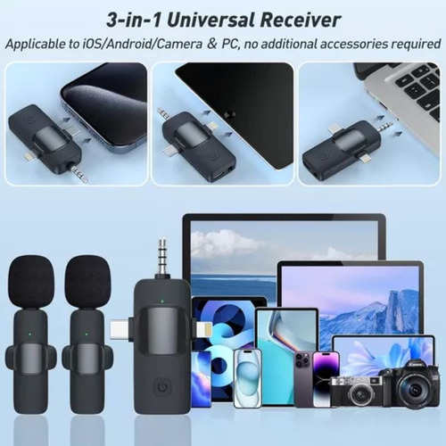 Micrófono Hd De Solapa Inalámbrico Para Celular 3 En 1 Negro