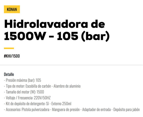 Imagen 6 de 9 de Hidrolavadora Konan Khi/1500 1500 Watts 105 Bares Premium