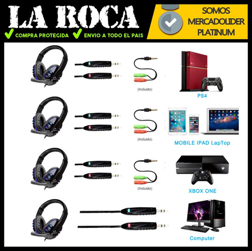 Imagen 5 de 10 de Auricular Gamer Pc Ps4 Xbox Gaming Con Microfono Led Envios
