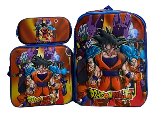 Kit Mochila Primaria Jumbo+lonchera+lapicera 3d Envío 3pzas Dragon Ball 3d Con Luz Lisa