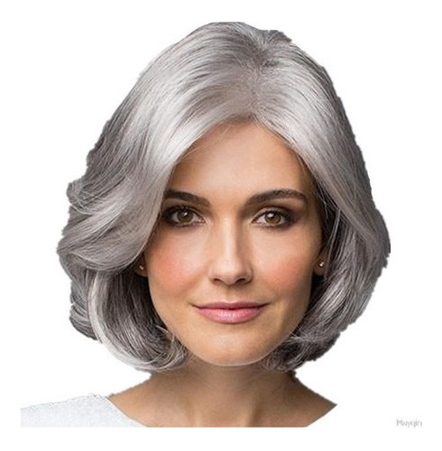 Peluca Rizada Corta Pelo Gris Plata Bob Cosplay Anciana [s]