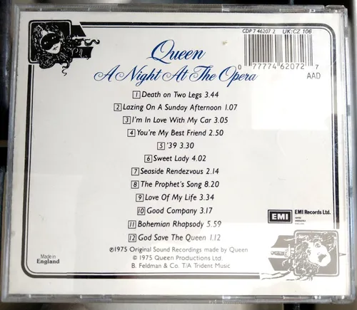 Queen - A Night At The Opera Cd England Uk 1975 1992 Caba