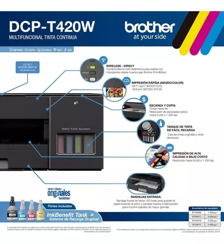 Impresora multifunción con tinta continua Wi-Fi DCP-T420W Brother