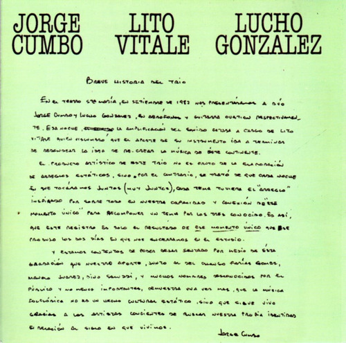 Jorge Cumbo - Lito Vitale - Lucho González / Cd Impecable 