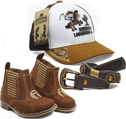 Kit Fantasia Cowboy Infantil Bone Botina E Cinto Country