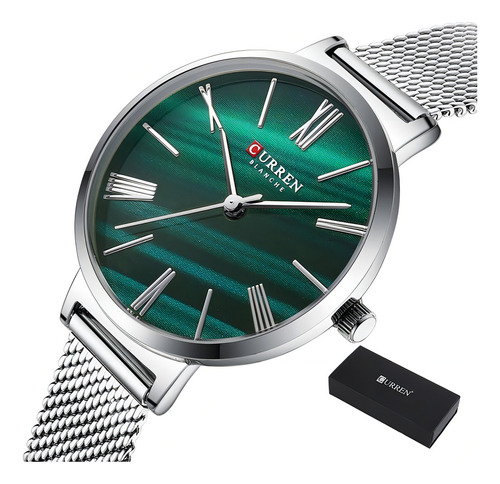 Reloj Casual De Cuarzo Impermeable Con Cinturón De Malla Cur Color De La Correa Verde Plata