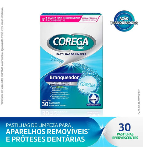 Corega Tabs Branqueador Limpador Próteses Com 30 Pastilhas