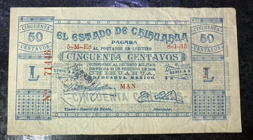 Billete 50 Centavos Chihuahua 1915 Villa 1era Emision Vf !
