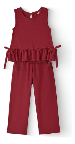 Conjunto De Blusa Con Moños Y Pantalón Niña Flory 0033 Vino Talla M / 7 A 9 Años