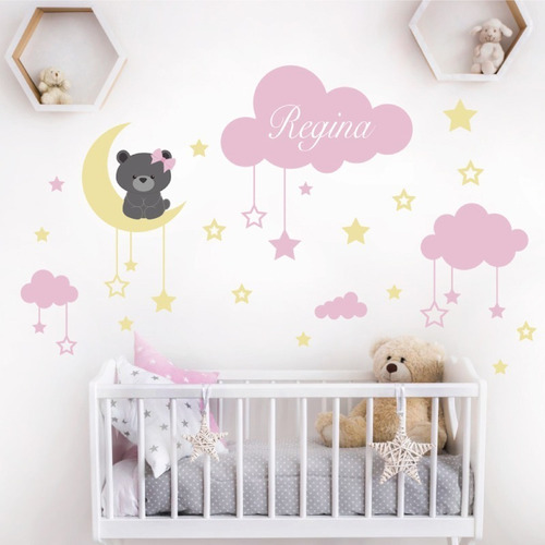 Vinilo Decorativo Oso, Nubes, Estrellas Rosa Incluye Nombre Sí