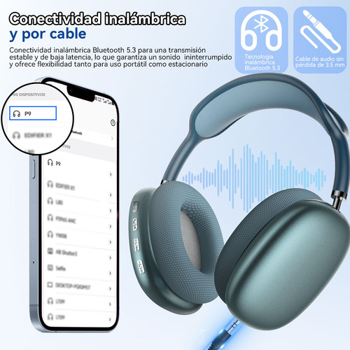 Audífonos Inalámbricos Over-ear Mecdets P9 Pro Max Con Bluetoothcon Micrófono Integrado y Cancelación de Ruido Color Azul
