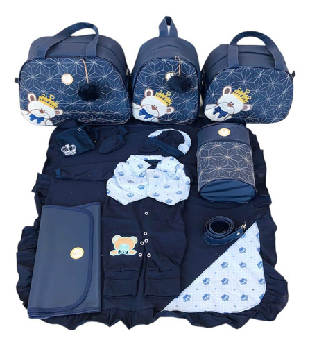 Kit Bolsas De Maternidade Elyã Baby Urso Azul 10 Itens