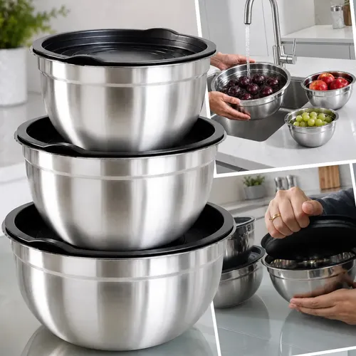 Kit 03 Tigela Bowl Com Tampa Plástica Bacia Inox Pote Utensílio Doméstico E  Cozinha Para Geladeira Marca Kururuá