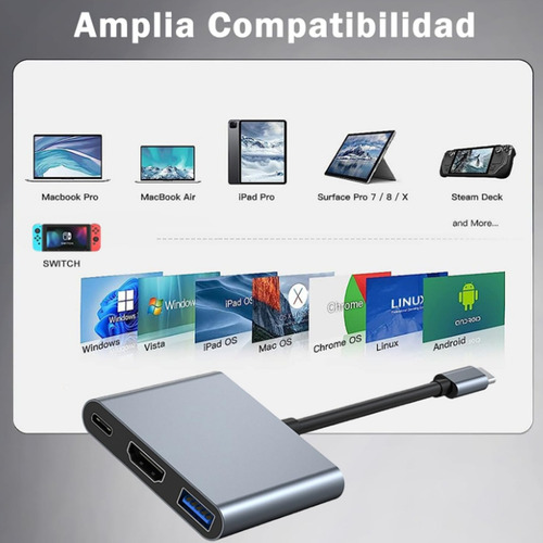 Adaptador Tipo C A Hdmi 4k Convertidor Hub Usb 3.0 3 En 1
