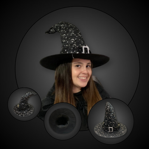 Chapéu De Bruxa Preto Com Estrelas E Lua Prata Veludo