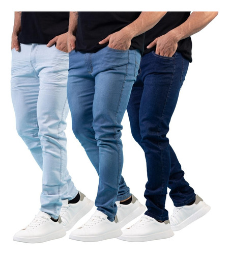 Kit 3 Calças Jeans Sarja Masculina Skinny C/ Lycra Coloridas