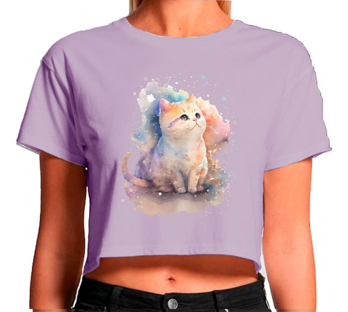 Playera Crop Top Mujer Ombliguera Sport Gatito Acuarela