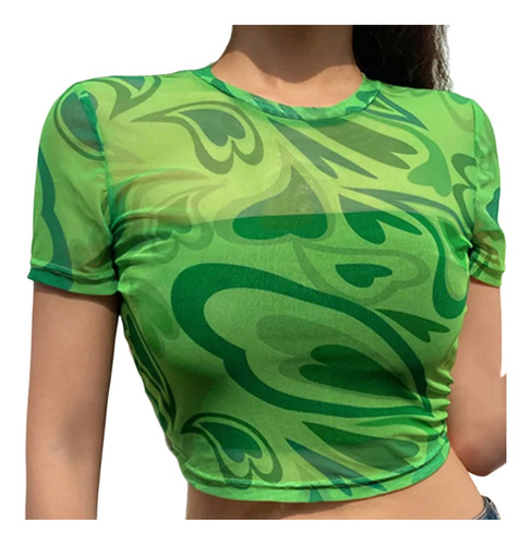 Top Camiseta Corta De Malla Estampado Corazon Crop Top Mujer