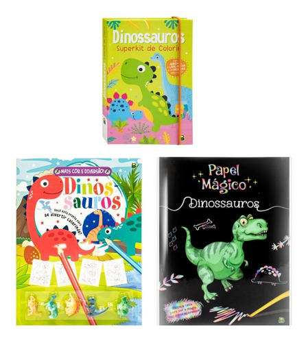 Meu Superkit De Arte & Criatividade C/ 5 Mini Dinossauros - 2 Livro De Colorir + Papel Mágico Desenvolvimento Lúdico Montessori - Todolivro