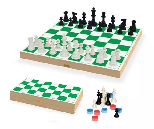 Jogo xadrez e damas escolar em madeira