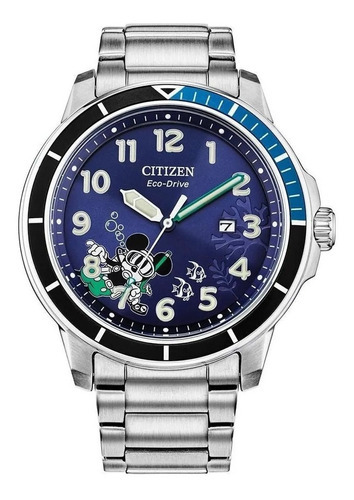 Citizen Mickey Water Sport Blue Dial  Aw1529-81w .. Dcmstore Color De La Correa Gris Color Del Bisel Plata Color Del Fondo Azul