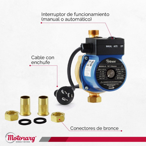 Imagen 3 de 12 de Bomba Presurizadora Motorarg Tip 1 Bronce 2 Baños 120 Watts