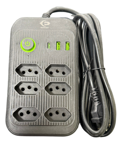 Regua Extensão De 6 Tomadas 2usb + 1tipo-c 3metros 127v/220v Preto