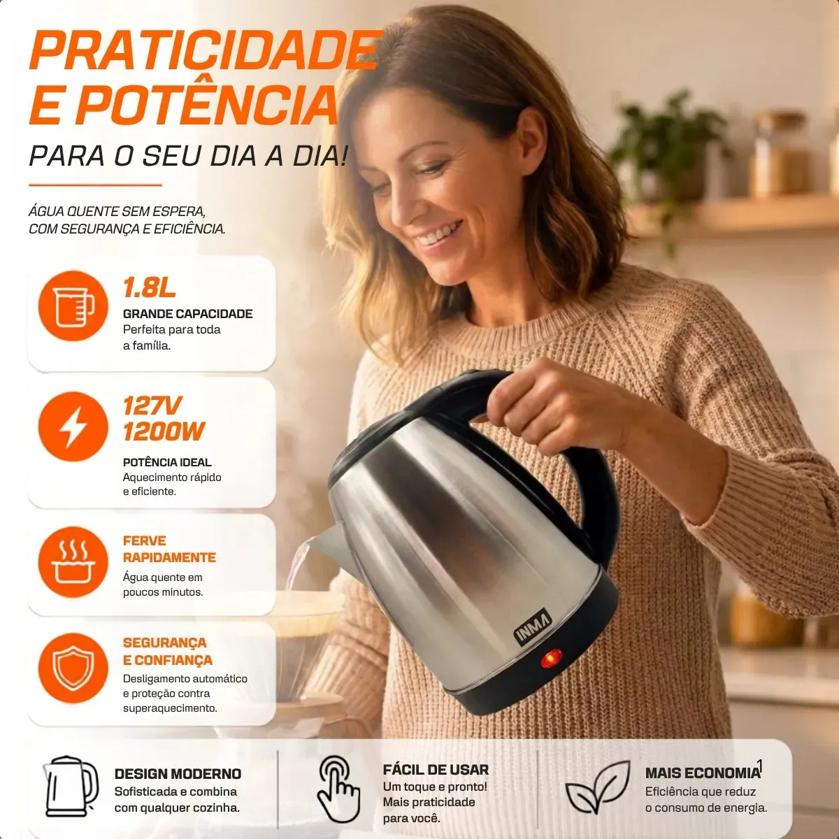 Chaleira Elétrica Inox 1,8L com Desligamento Automático
