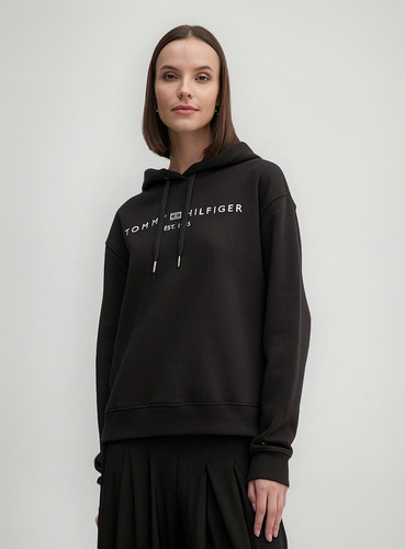Polerón Hoodie Con Logo Bordado Negro Tommy Hilfiger