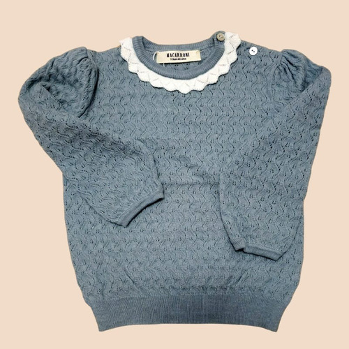 Sweater Tejido Para Niña Color Azul Con Botón De Madre Perla