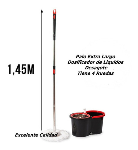 Imagen 1 de 5 de Balde Lampazo Spin Mop Centrifuga Acero 2 Mopas Palo Largo
