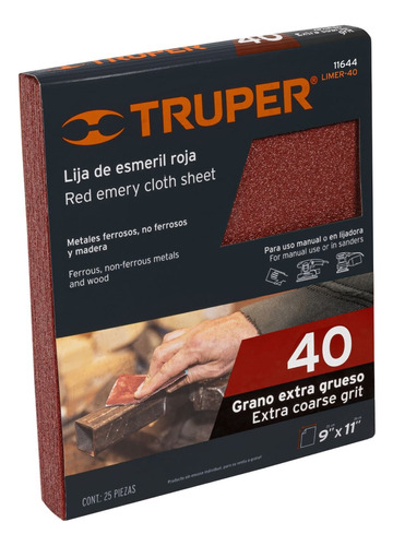 Lija De Esmeril Roja Grano 40 Paquete 25 Pzs Truper 11644