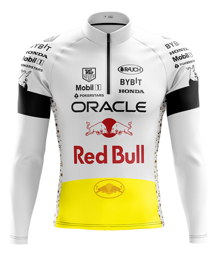 Camisa Ciclismo Masculina Manga Longa Red Bull F1 Branca Uv+