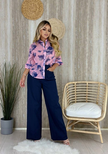 Conjunto Blusa Manga   Pantalon Tiro Alto Palazzo