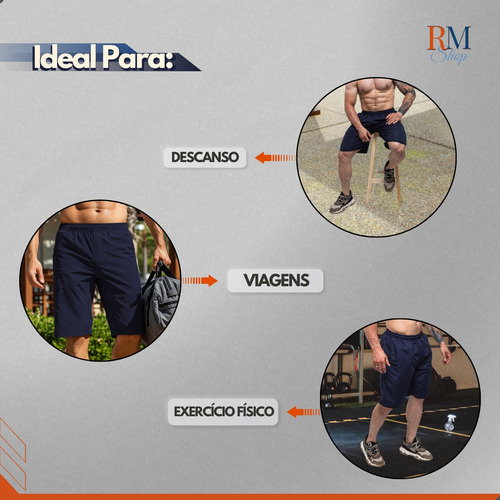 Kit 3 Bermuda Masculina Plus Size Tactel 3 Bolsos Elástico