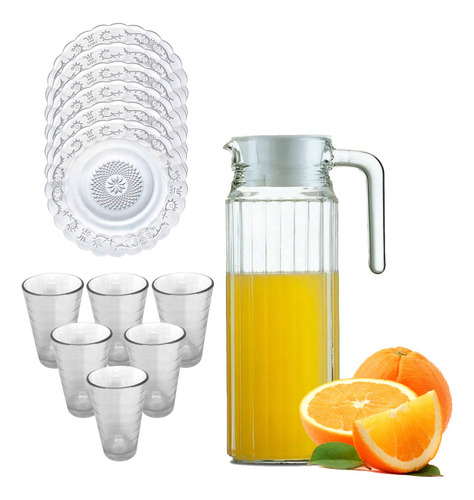 Conjunto 12 Pratos De Vidro Com 06 Copos + Jarra 1 Litro