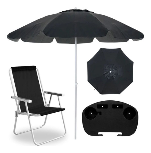 Guarda Sol Preto 2 M Bagum + Cadeira De Praia+ Mesa Portátil