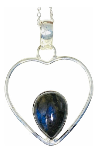 Colgante Corazón Plata 925 Cuarzo Labradorita Azul Natural