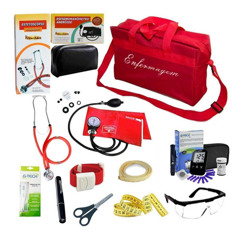 Kit De Enfermagem Vermelho Premium Com Glicossímetro