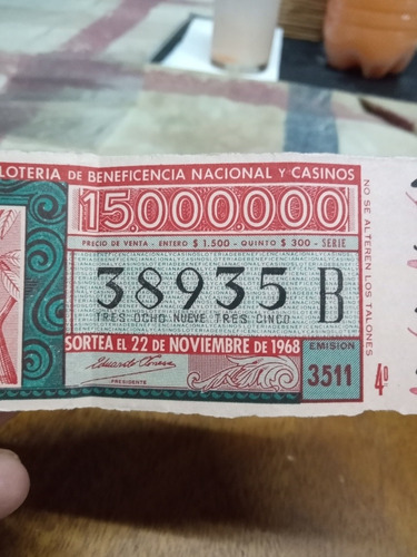 Antiguo Billete De  Lotería Nacional  Completo Nov De 1968. 