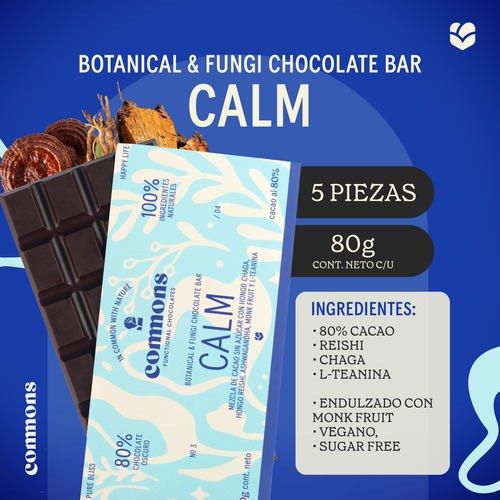 Commons Chocolate Organico Calm 100gr Kit X5 Cacao Hongos