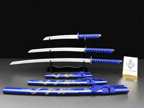Set 3 Katanas Wakizashi Tanto Samurai Acero Espada Con Base Color Azul