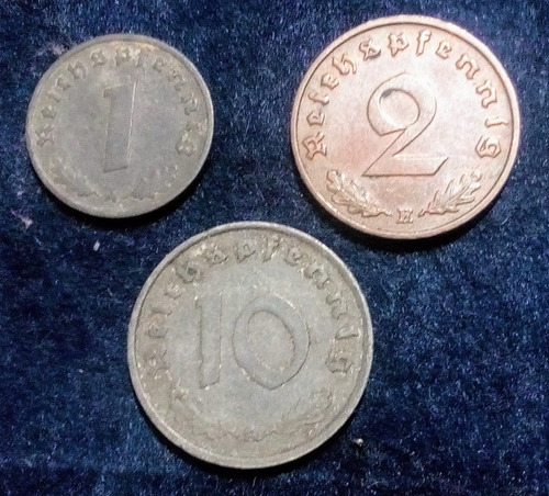 Monedas Alemania Reichspfennig 1, 2 Y 10. Lote X 3